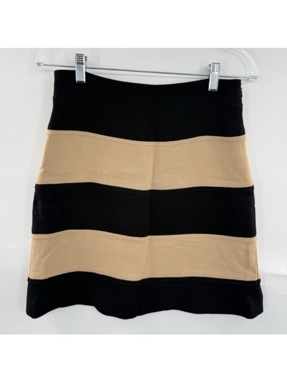 Kate Spade New York Stripe Mini Skirt Black Tan Wool Blend Size 2 Lined Side Zip - Picture 1 of 10